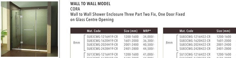 Cora Wall to Wall Shower Enclosure Three Part Two Fix, One Door Fixed on Glass Centre Opening (2200 MM)