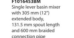 Single lever basin mixer with 305 mm (12") extended body, 131.5 mm spout length and 600 mm braided connection pipe (without pop-up)