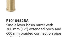 Single lever basin mixer with 300 mm (12") extended body and 600 mm braided connection pipe (without pop-up)