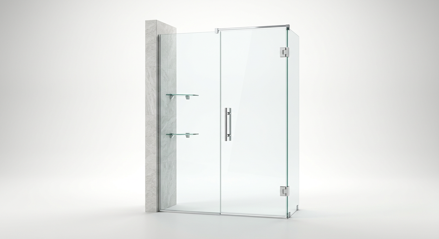 Frameless Shower Door with Corner Shelves